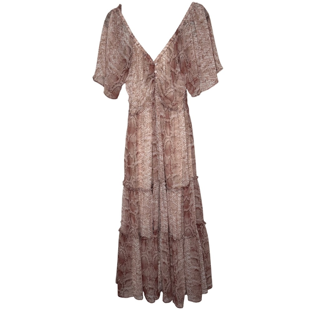 Anthropologie Snake Print Tiered Maxi Dress Flutter Sleeve V Neck Size Large NWT - Picture 2 of 16